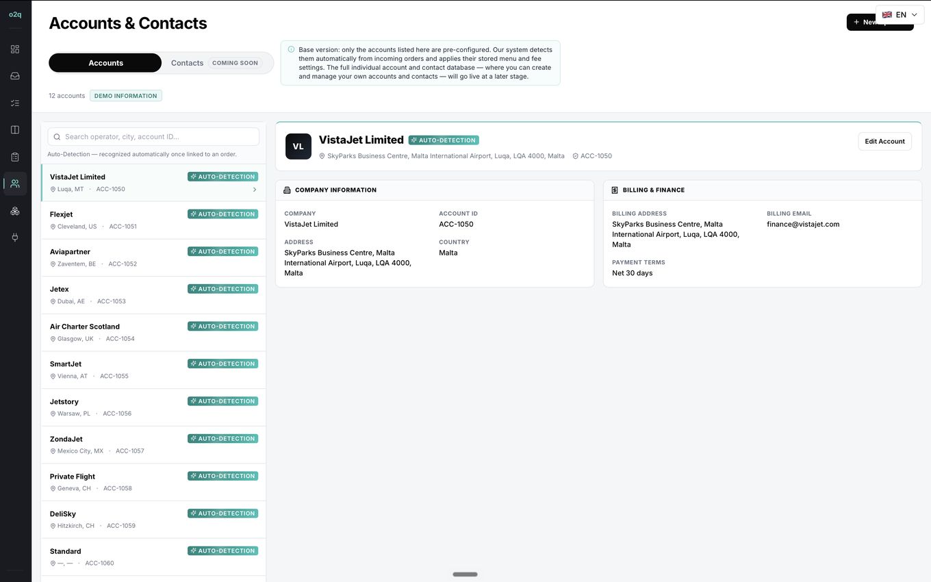 Accounts screen in order2quote